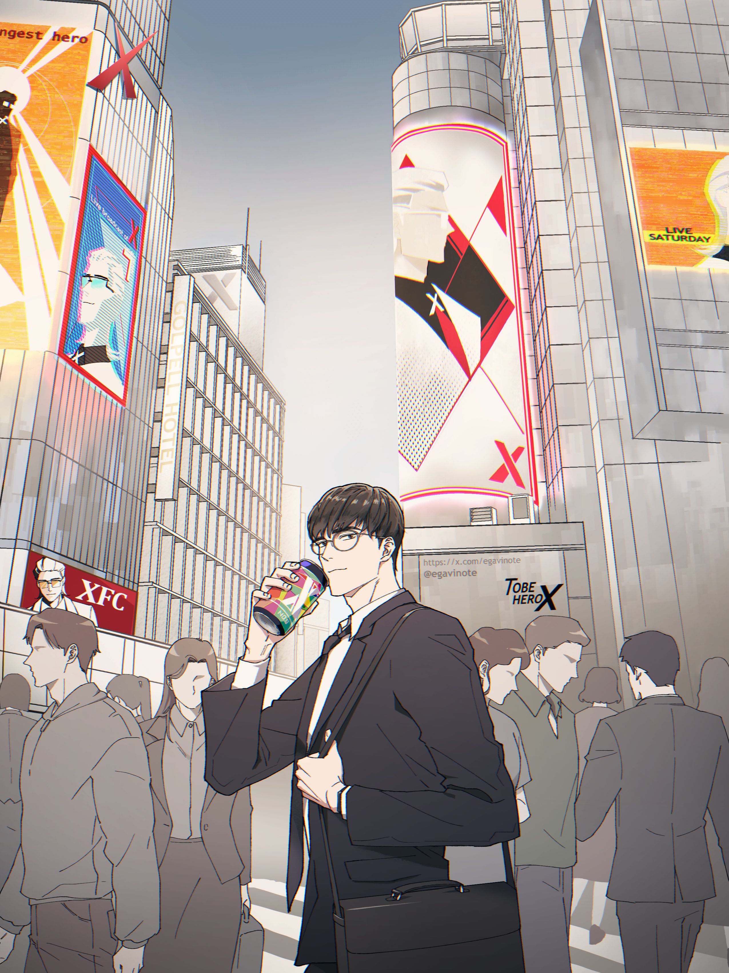 ega (egavinote), x (to be hero x), kfc, to be hero, to be hero x, absurdres, highres, 2others, 4boys, 4girls, ad, adjusting strap, bag, black coat, black eyes, black necktie, black suit, brown hair, can, city, coat, collared shirt, crosswalk, drink, drink can, dual persona, formal clothes, glasses, holding, holding drink, looking at viewer, looking back, male focus, multiple boys, multiple girls, multiple others, necktie, parody, people, road, shirt, short hair, shoulder bag, smile, spot color, street, suit, upper body, walking, white shirt