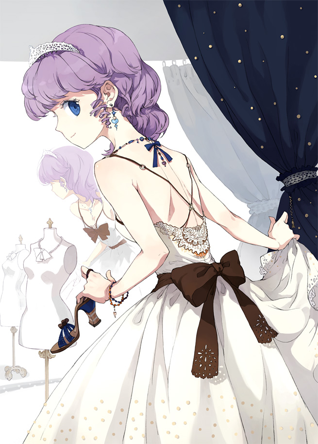 seha, tiv, djmax, djmax portable, ladymade star, bad id, bad pixiv id, 1girl, blue eyes, bow, bracelet, curly hair, curtains, dress, drill hair, earrings, eyelashes, female focus, gown, heart, high heels, jewelry, lace, looking back, mannequin, necklace, purple hair, ribbon, shoes, solo, tiara, white dress