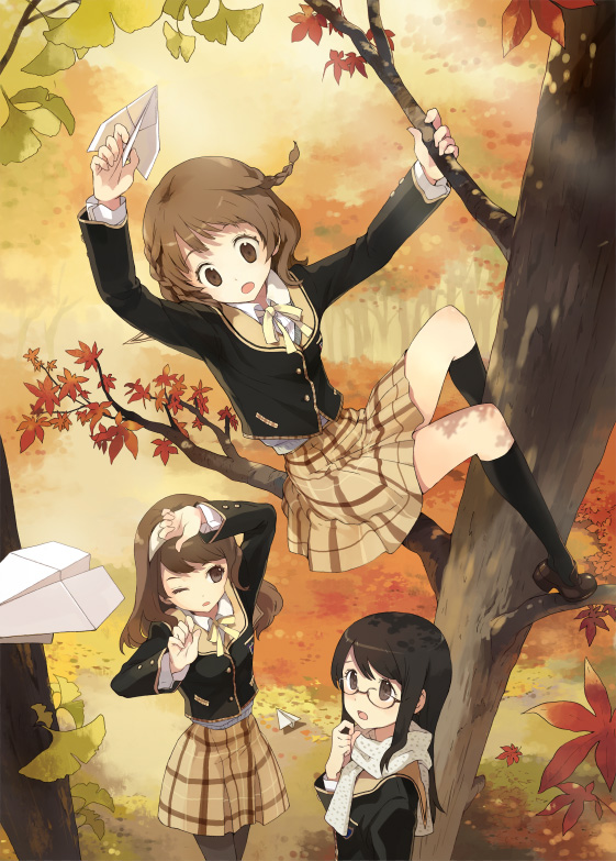 tiv, shin ji-won, son min-ji, yu anna, annyeong we are peanuts, bad id, bad pixiv id, official art, 3girls, :o, ;o, arm up, arms up, autumn, autumn leaves, black hair, black socks, braid, brown eyes, brown hair, climbing, from above, ginkgo tree, holding, holding paper airplane, kneehighs, leaf, legs, loafers, long hair, looking at another, looking down, looking up, maple leaf, multiple girls, one eye closed, outdoors, pantyhose, paper airplane, plaid clothes, plaid skirt, scarf, school uniform, serafuku, shoes, side braid, skirt, socks, standing, tree, twin braids