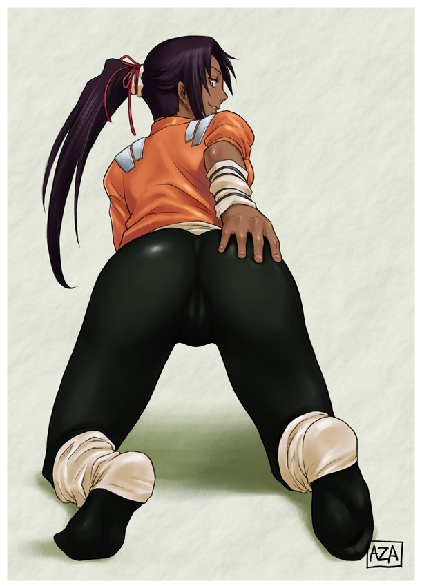 azasuke, shihouin yoruichi, bleach, ass grab, 00s, 1girl, all fours, ass, black hair, cameltoe, dark-skinned female, dark skin, female focus, from behind, groping, long hair, looking back, ponytail, purple hair, skin tight, smile, solo, yellow eyes