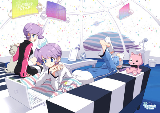 seha, tiv, apple inc., djmax, djmax portable, ladymade star, interior, striped, 2girls, animal, bed, blue eyes, bow, cable, cat, computer, computer keyboard, curly hair, digital media player, dog, dress, drill hair, hair bow, headphones, ipod, ipod classic, laptop, lying, microphone, microphone stand, multiple girls, on stomach, pillow, planet, purple hair, ribbon, sandals, siblings, side ponytail, single vertical stripe, sisters, space, star (symbol), stuffed animal, stuffed toy, table, television, twins, window