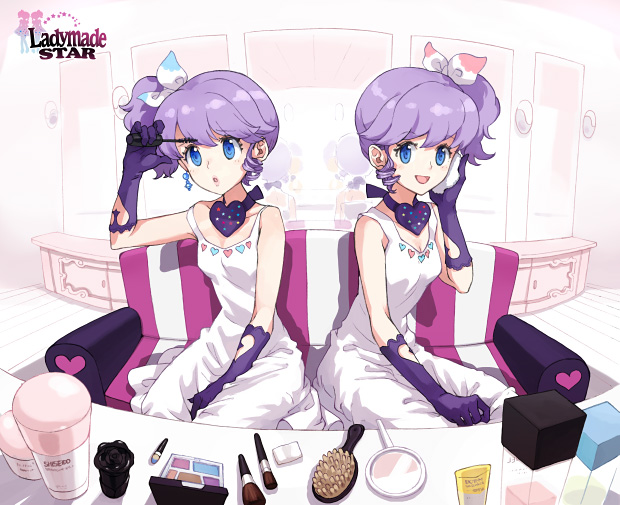 seha, tiv, djmax, djmax portable, ladymade star, striped, 2girls, blue eyes, bottle, bow, choker, cosmetics, curly hair, dress, drill hair, earrings, elbow gloves, eyelashes, fashion, gloves, hair bow, hair brush, heart, jewelry, kneeling, lips, lipstick, makeup, makeup brush, mascara, matching outfits, mirror, multiple girls, perfume (cosmetics), perfume bottle, purple hair, ribbon, siblings, side ponytail, sisters, sitting, symmetry, table, twins
