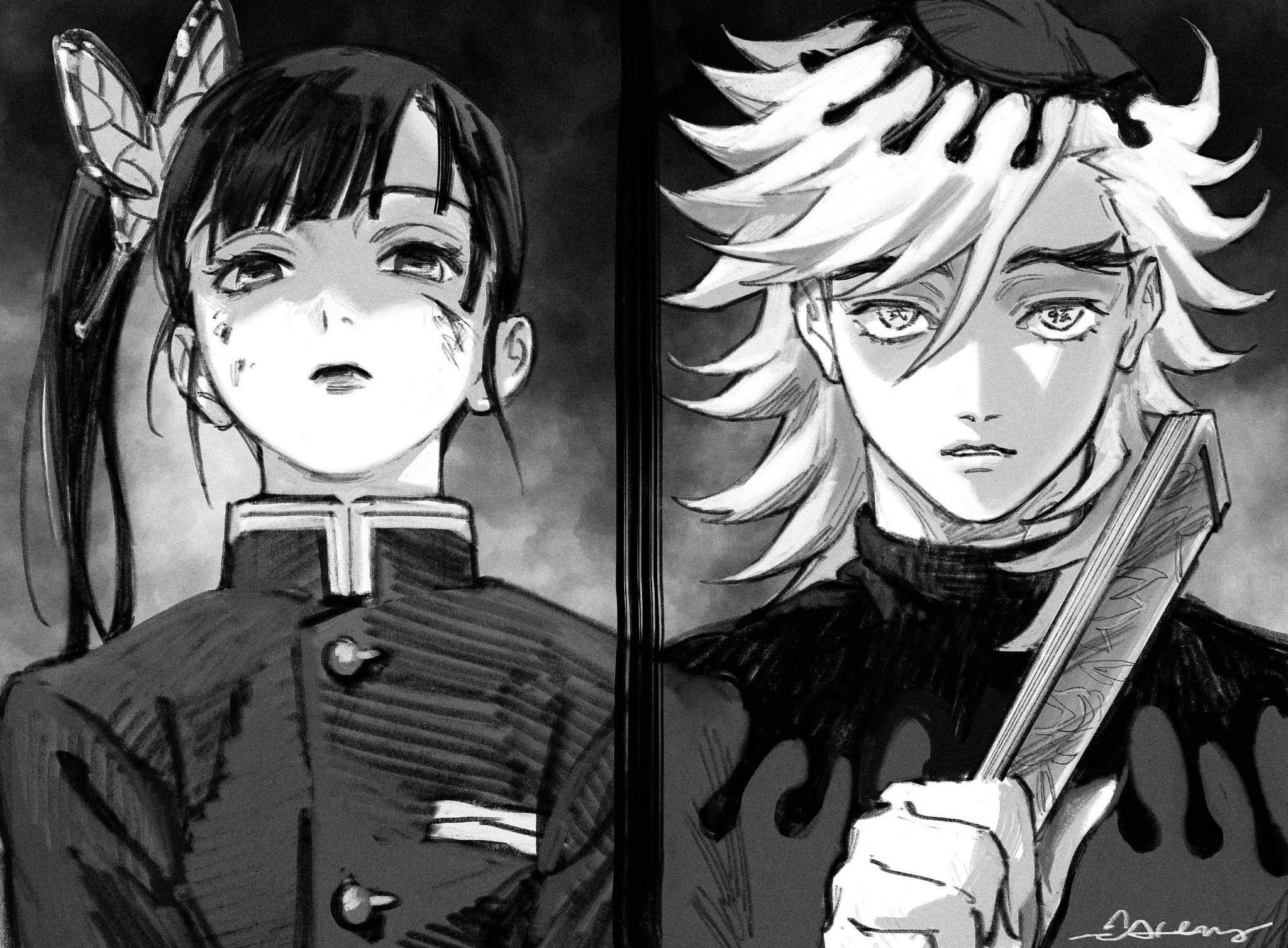 roru (lol dessin), douma (kimetsu no yaiba), tsuyuri kanao, kimetsu no yaiba, commentary request, highres, 1boy, 1girl, butterfly hair ornament, demon slayer uniform, greyscale, hair ornament, hand fan, hat, holding, holding fan, long hair, medium hair, monochrome, side ponytail, signature, split theme