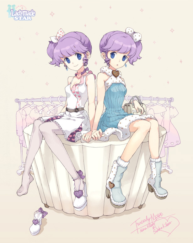 seha, tiv, djmax, djmax portable, ladymade star, clothes, 2girls, bag, blue eyes, boots, bow, choker, clothes hanger, curly hair, dress, drill hair, earrings, fashion, feet, hair bow, handbag, happy, heart, high heels, jewelry, legs, multiple girls, pantyhose, polka dot, purple hair, ribbon, shoes, siblings, side ponytail, signature, single shoe, sisters, sitting, skirt, smile, symmetry, twins, white dress, white skirt, yuri