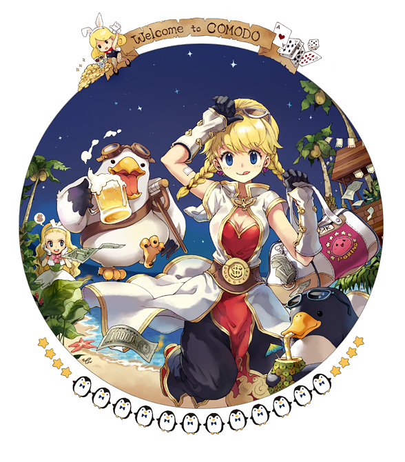 tiv, champion (ragnarok online), kachua, monk (ragnarok online), poring, raggler, ragnarok online, 1girl, alcohol, bandaid, beer, bird, blonde hair, blue eyes, braid, earrings, elbow gloves, female focus, gloves, jewelry, monk, penguin, solo, sunglasses, twin braids, twintails