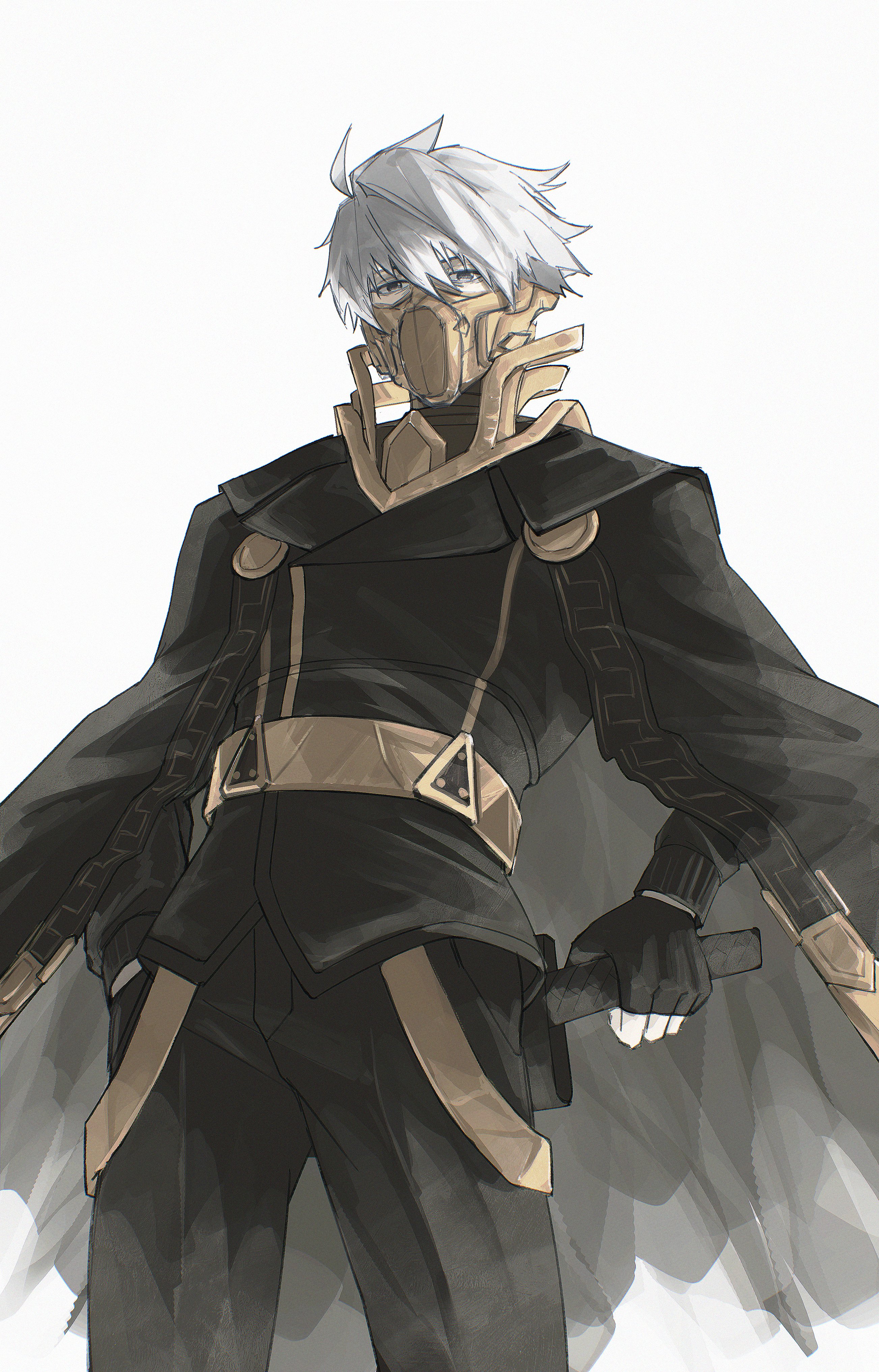 northystary, ghostblade (to be hero x), to be hero, to be hero x, absurdres, highres, 1boy, black cape, black eyes, black shirt, brooch, cape, covered mouth, cowboy shot, exhausted, floating cape, gold trim, hair between eyes, hand in pocket, holding, jewelry, looking at viewer, male focus, mask, mouth mask, shirt, short hair, solo, white hair