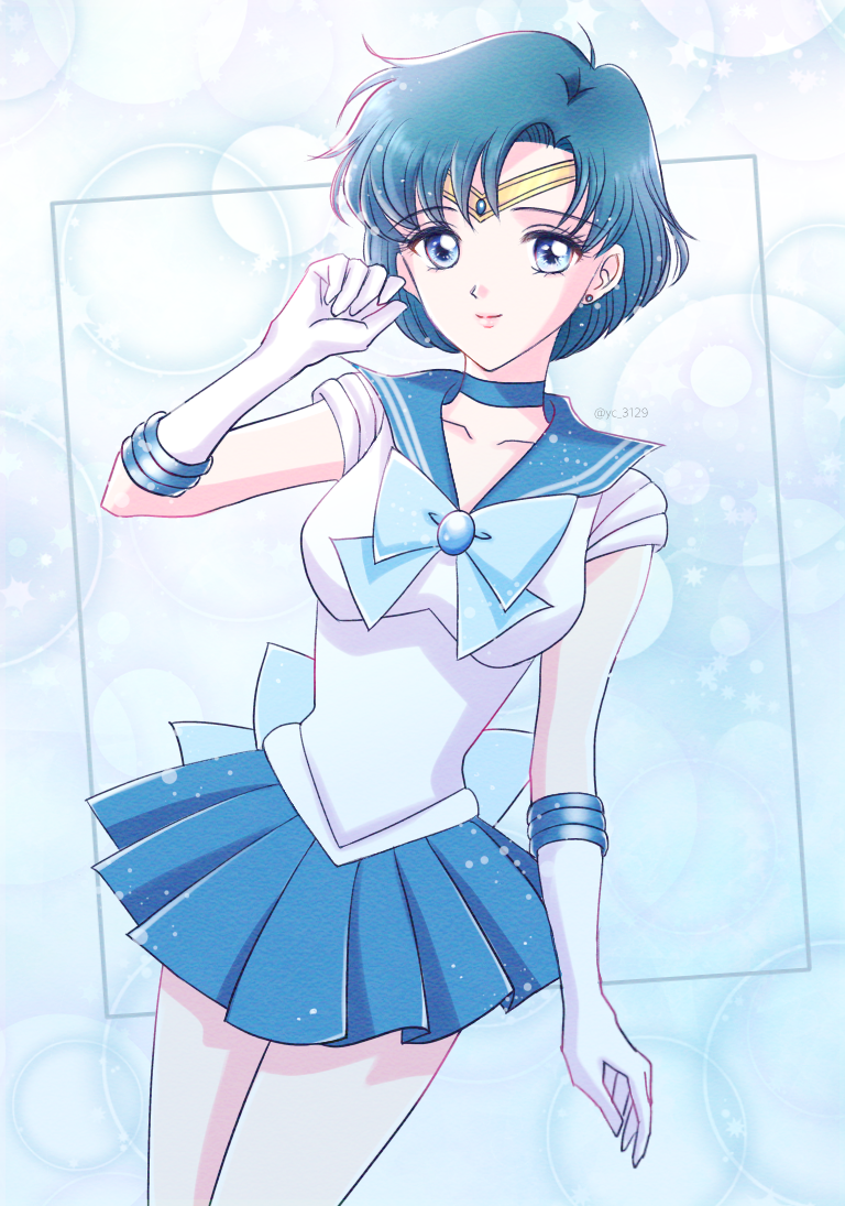 y-yazaki2406, mizuno ami, sailor moon, bishoujo senshi sailor moon, 1girl, blue choker, blue eyes, blue hair, blue sailor collar, blue skirt, bow, choker, circlet, earrings, elbow gloves, gloves, jewelry, lips, magical girl, miniskirt, pleated skirt, sailor collar, sailor senshi uniform, short hair, skirt, smile, solo, white gloves