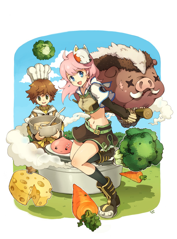 tiv, hunter (ragnarok online), poring, ragnarok online, sniper, 1boy, 1girl, artist name, blue eyes, boar, boots, brown shirt, carrot, cheese, cheese wheel, cloud, cooking, day, food, fox mask, green eyes, hunter, kneehighs, ladle, legs, mask, midriff, navel, open mouth, pink hair, shirt, short shorts, shorts, sky, socks, swiss cheese