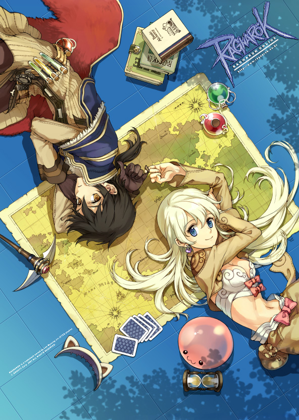 tiv, alchemist (ragnarok online), poring, thief (ragnarok online), ragnarok online, 1boy, 1girl, alchemist, animal ears, blonde hair, blue eyes, cat ears, copyright name, flask, long hair, ponytail, ribbon, round-bottom flask, slime (creature)