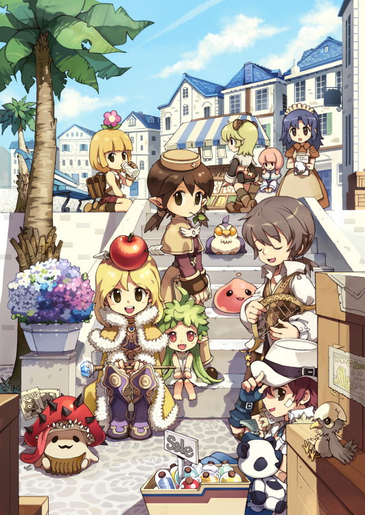 lif (lif & ref), tiv, acolyte (ragnarok online), clown (ragnarok online), creator (ragnarok online), filir, hunter (ragnarok online), lif (ragnarok online), novice (ragnarok online), poring, spore (ragnarok online), whitesmith (ragnarok online), wizard (ragnarok online), ragnarok online, homunculus, 2boys, 6+girls, animal ears, bard, blonde hair, blue hair, boots, brown hair, cloud, clown, day, flower, food as clothes, green hair, hat, hunter, in-universe location, kafra uniform, long hair, market, monster girl, multiple boys, multiple girls, mushroom, pink hair, plant girl, pointy ears, red eyes, sky, town, tree, twintails, wizard