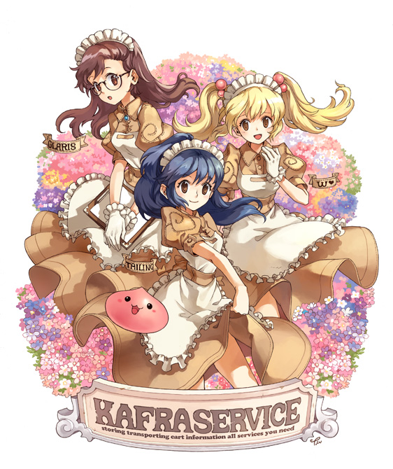 tiv, poring, ragnarok online, blonde hair, blue hair, brown hair, dress, kafra uniform, maid, ponytail, slime (creature), twintails