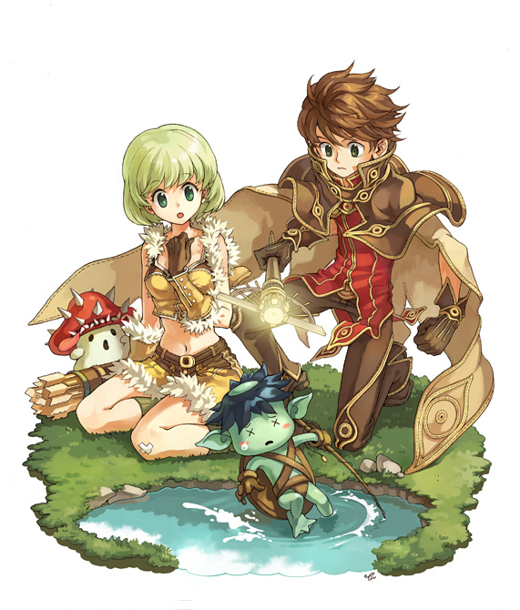 tiv, high wizard (ragnarok online), sniper (ragnarok online), spore (ragnarok online), wizard (ragnarok online), ragnarok online, sniper, 1boy, 1girl, :o, arrow (projectile), brown hair, crop top, green eyes, green hair, kappa, midriff, navel, priest, short hair, wizard