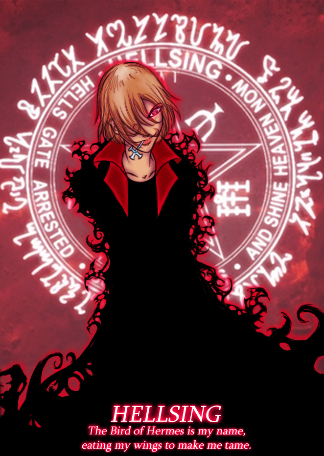 seras victoria, hellsing, 1girl, blonde hair, cross, dark, darkness, female focus, looking at viewer, magic circle, monster, red eyes, rhyme, solo, text focus