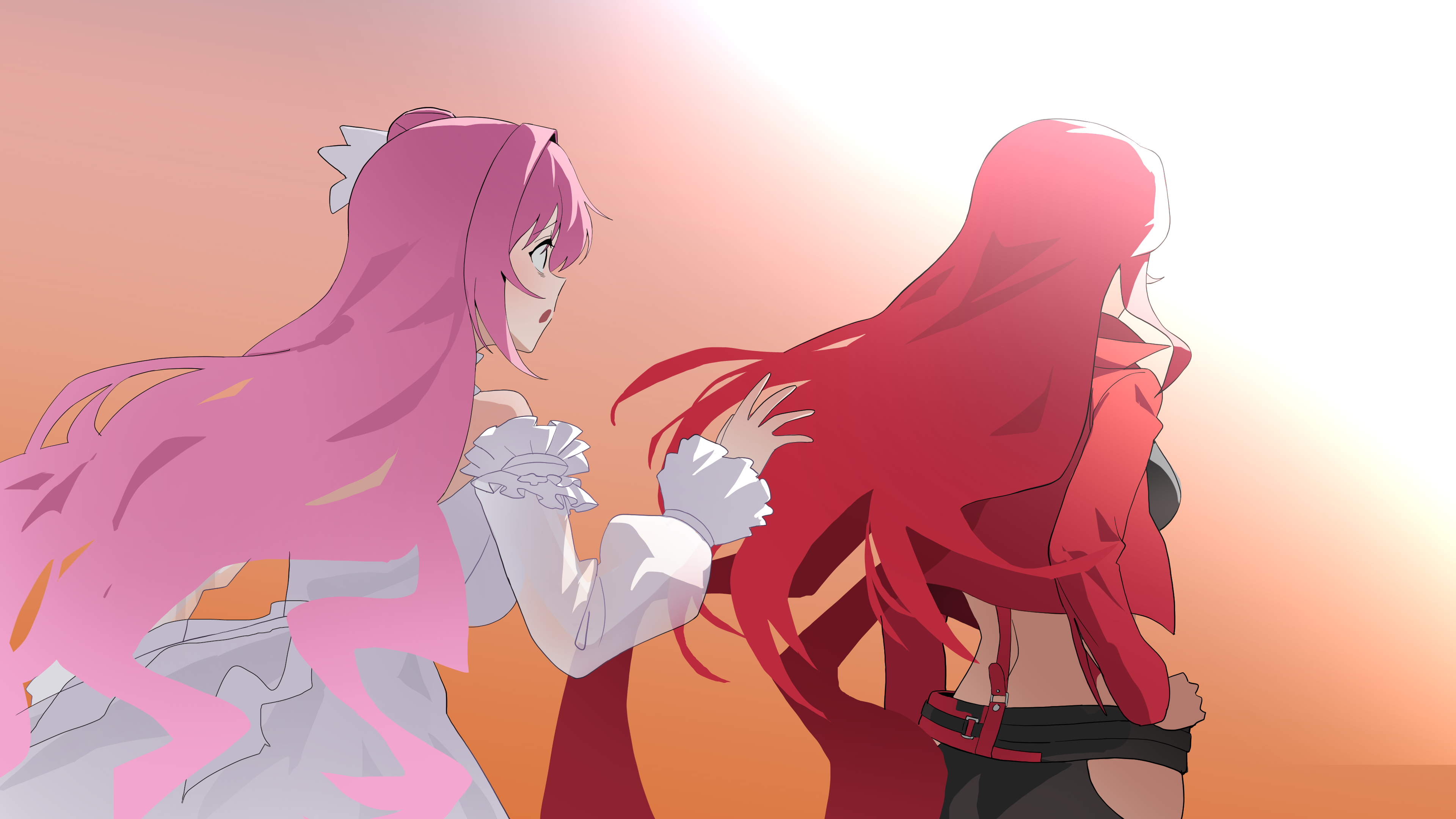 wge, dorothy (nikke), rapi (nikke), rapi (red hood) (nikke), red hood (nikke), goddess of victory: nikke, absurdres, commentary, highres, 2girls, alternate costume, cosplay, dress, hands on own hips, jacket, long hair, multiple girls, open clothes, open jacket, outstretched arm, pink hair, red hair, red hood (nikke) (cosplay), red jacket, red scarf, red suspenders, scarf, suspenders, white dress