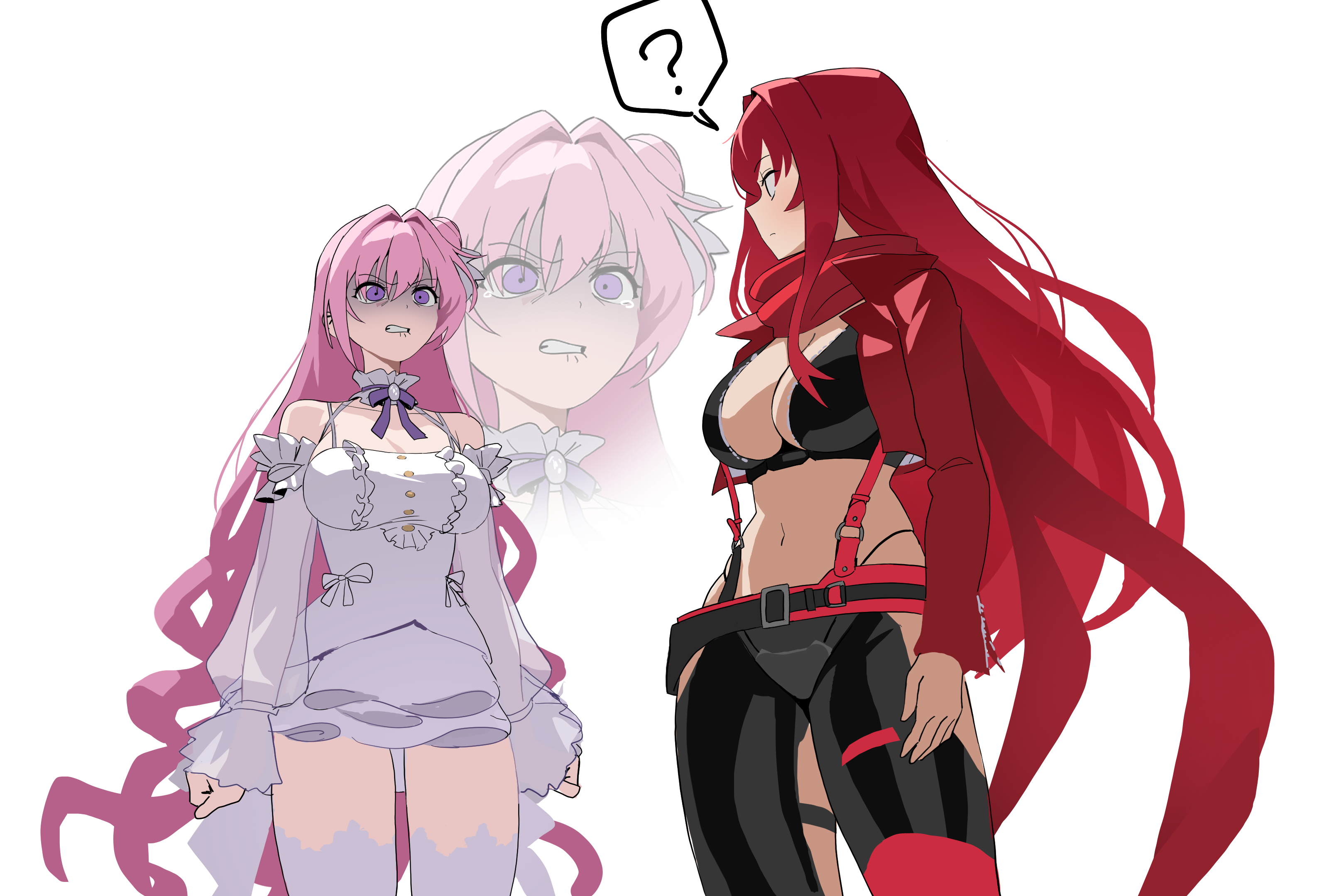 wge, dorothy (nikke), rapi (nikke), rapi (red hood) (nikke), red hood (nikke), goddess of victory: nikke, absurdres, commentary, highres, ?, biting own lip, blue jacket, breasts, clenched hands, cosplay, dress, furrowed brow, hair between eyes, jacket, large breasts, long hair, open clothes, open jacket, pink hair, purple eyes, red hair, red hood (nikke) (cosplay), red suspenders, shaded face, simple background, speech bubble, suspenders, tearing up, white background, white dress, zoom layer