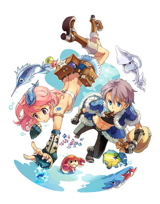 tiv, blacksmith (ragnarok online), stalker, stalker (ragnarok online), whitesmith (ragnarok online), ragnarok online, 1boy, 1girl, :o, armlet, bandeau, blacksmith, boots, choker, crab, crustacean, detached sleeves, fingernails, fish, fur-trimmed jacket, fur-trimmed sleeves, fur trim, gloves, jacket, jewelry, midriff, outstretched arm, pink hair, shorts, squid, waist cape