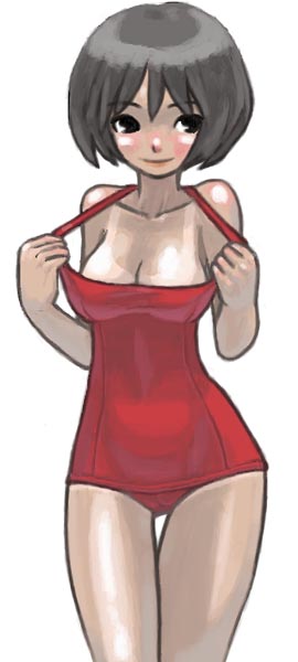 1girl, black eyes, black hair, blush, bob cut, breasts, cleavage, female focus, one-piece swimsuit, one-piece tan, red one-piece swimsuit, school swimsuit, short hair, simple background, smile, solo, standing, swimsuit, tan, tanline, thigh gap, thighs, undressing