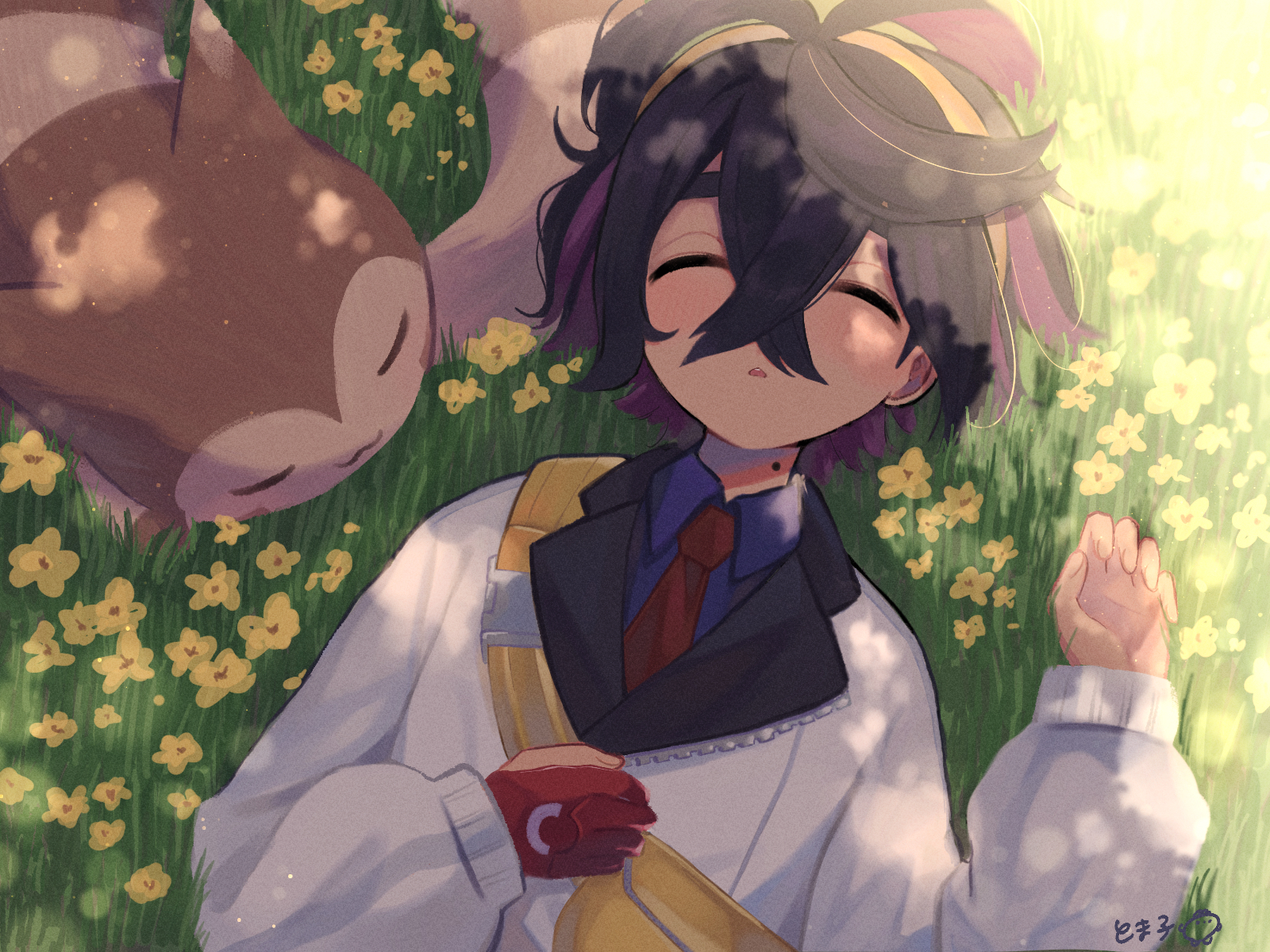 tomakodaaayo, furret, kieran (pokemon), nintendo, pokemon, pokemon sv, commentary request, highres, 1boy, :3, black hair, blue shirt, closed eyes, collared shirt, crossed bangs, flower, gen 2 pokemon, gloves, grass, hair between eyes, hairband, jacket, long sleeves, lying, male focus, mole, mole on neck, multicolored hair, on back, parted lips, partially fingerless gloves, pokemon (creature), purple hair, red gloves, shirt, signature, single glove, sleeping, upper body, white jacket, yellow flower, yellow hairband