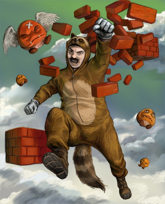 goomba, mario, tanooki mario, mario (series), nintendo, super mario 3d land, super mario bros. 1, super mario bros. 3, 1boy, animal costume, gameplay mechanics, male focus, realistic, solo, tanuki, tanuki costume