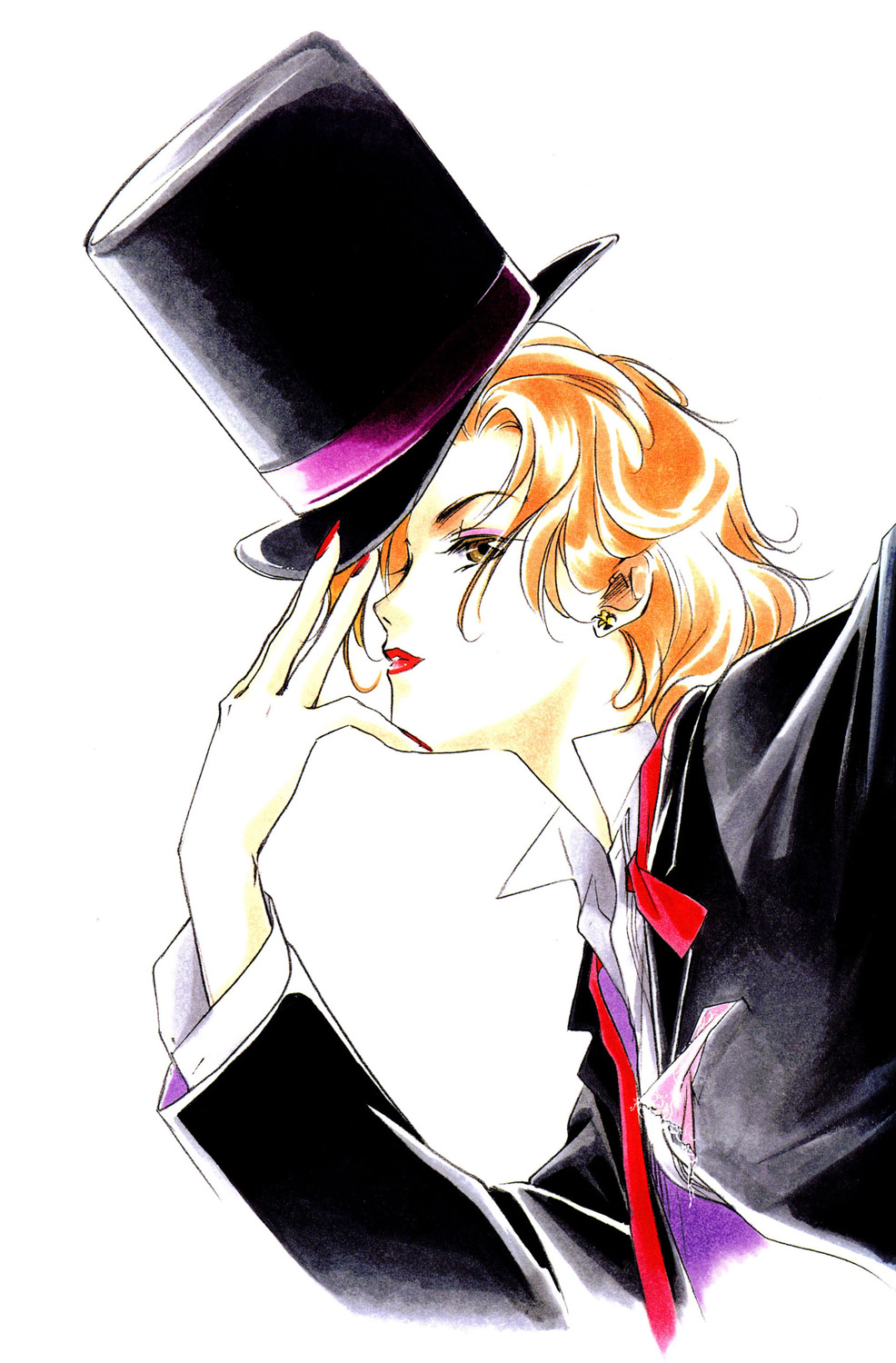 kakinouchi narumi, yakushiji ryouko, yakushiji ryouko no kaiki jikenbo, highres, 1girl, arm up, earrings, female focus, fingernails, hand on headwear, handkerchief, hat, jewelry, lipstick, makeup, nail (hardware), nail polish, necktie, orange hair, red nails, short hair, solo, top hat, tuxedo, undone necktie, white background
