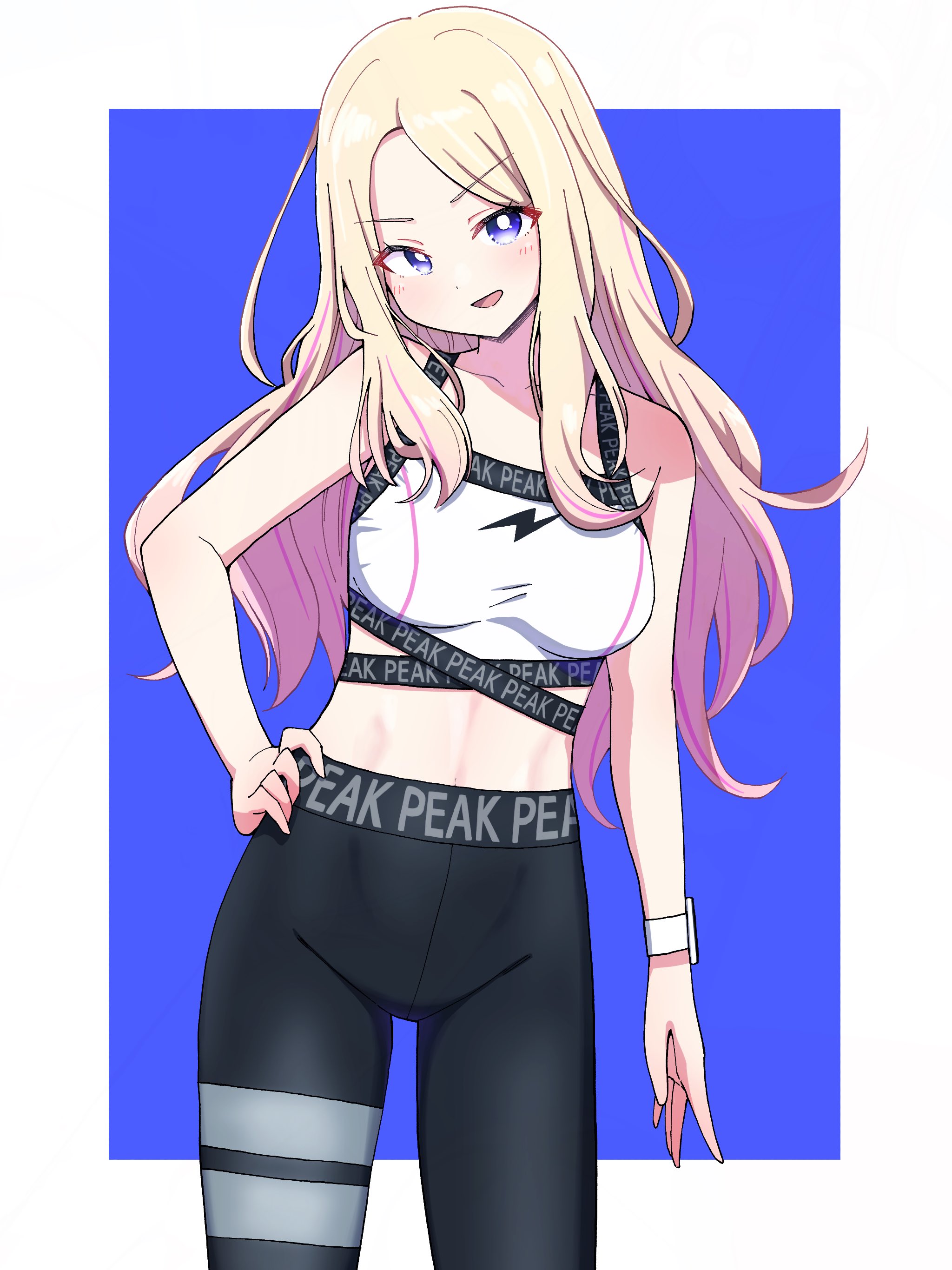 rickhime38, juo sena, gakuen idolmaster, idolmaster, absurdres, highres, 1girl, blonde hair, blue background, border, breasts, clothes writing, cowboy shot, hand on own hip, long hair, looking at viewer, midriff, multicolored hair, outside border, pants, parted bangs, pink streaks, purple eyes, simple background, solo, sports bra, standing, streaked hair, two-tone hair, white border, white sports bra, yoga pants