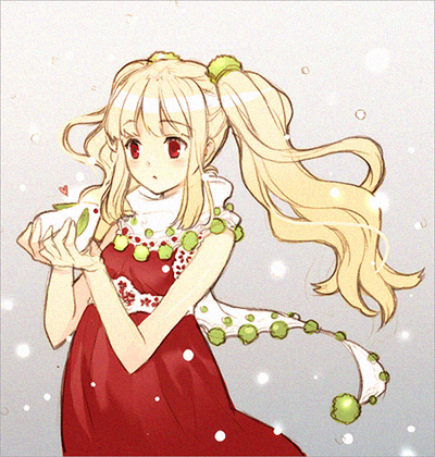 tearfish, lowres, blonde hair, dress, long hair, red eyes, scarf, solo, twintails