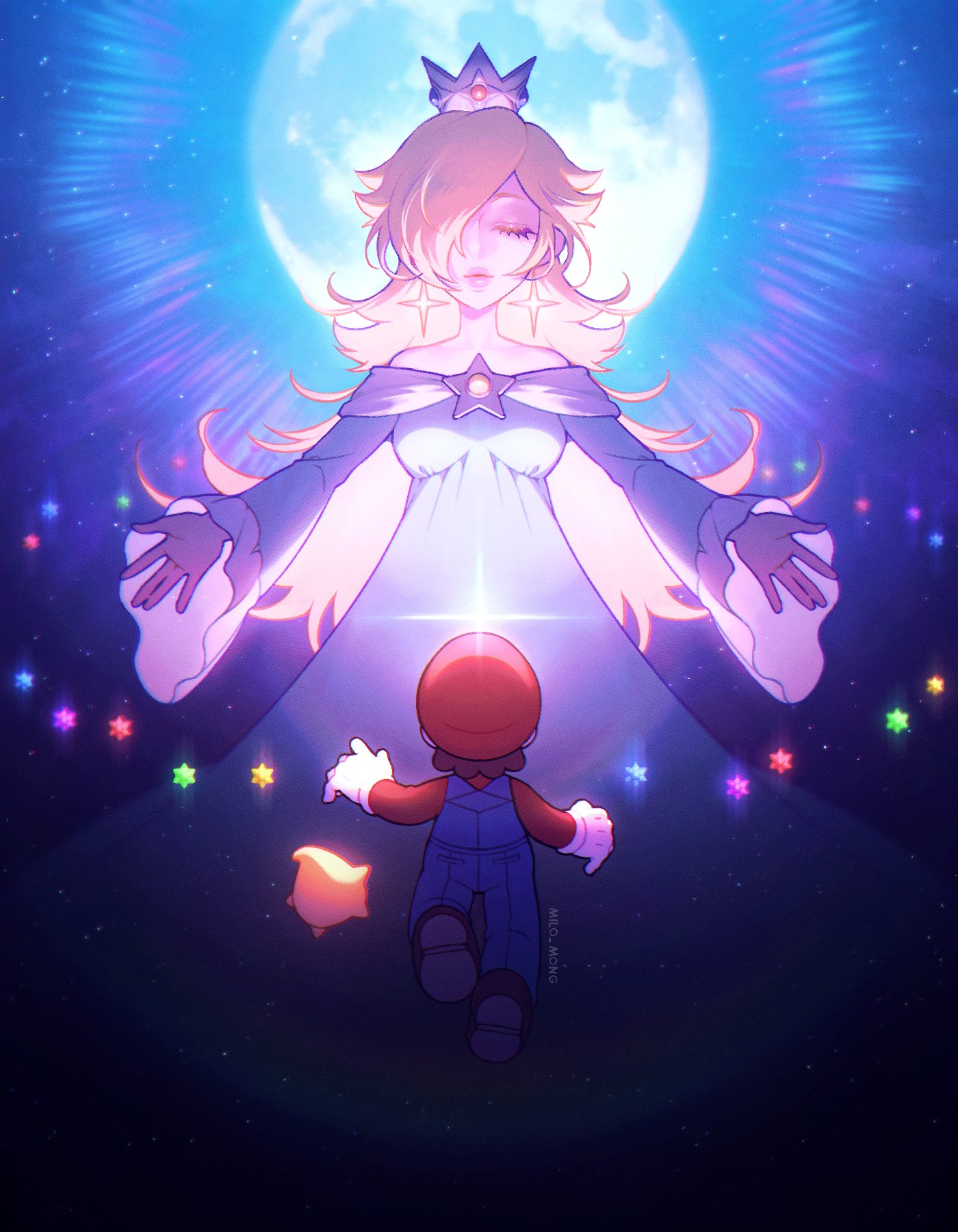 mong (mong milo), luma (mario), mario, rosalina, mario (series), nintendo, super mario galaxy, commentary, highres, revision, 1boy, 1girl, blonde hair, blue dress, blue overalls, boots, breasts, brown hair, closed eyes, crown, dress, earrings, full moon, gloves, hair over one eye, hat, jewelry, long hair, long sleeves, medium breasts, moon, off-shoulder dress, off shoulder, outstretched arms, overalls, red hat, red shirt, shirt, short hair, star (symbol), star earrings, white gloves