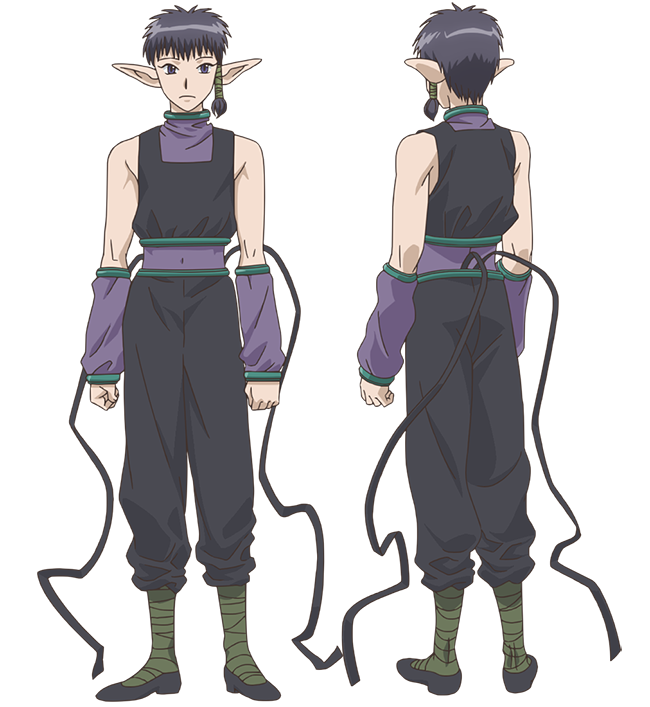 ishino satoshi, tokyo mew mew, tokyo mew mew new, official art, 2boys, anime coloring, back, bandaged leg, bandages, black eyes, black hair, black pants, black shoes, black tank top, clenched hands, closed mouth, collared shirt, elbow gloves, from behind, full body, gloves, looking at viewer, low-tied sidelocks, multiple boys, multiple views, pants, pie (tokyo mew mew), pointy ears, purple gloves, purple shirt, shirt, shoes, short hair, sidelocks, simple background, standing, tank top, transparent background