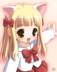 akiba hideki, uematsu koboshi, pita ten, eyebrows, lowres, 1girl, :d, animal ears, blonde hair, blunt bangs, blush, bow, brown eyes, cat ears, hair ribbon, long hair, open mouth, ribbon, smile, solo