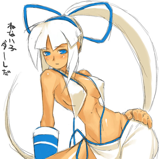 majikina mina, samurai spirits, snk, 1girl, bikini, blunt bangs, breasts, cleavage, dark-skinned female, dark skin, female focus, hairband, hand on own hip, long hair, looking at viewer, medium breasts, navel, ponytail, simple background, solo, stomach, swimsuit, untied bikini, very long hair, white background, white hair