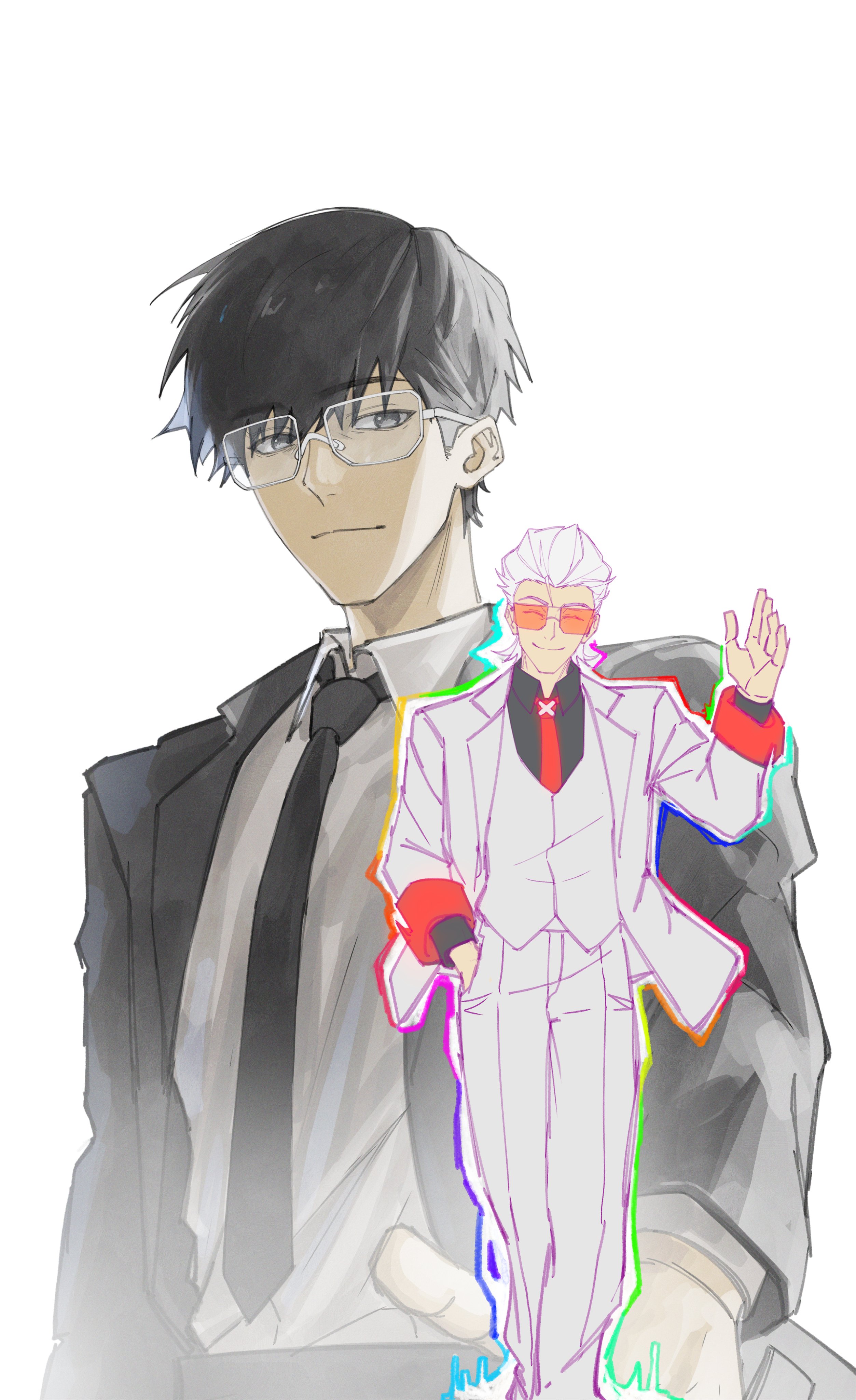 northystary, x (to be hero x), to be hero, to be hero x, absurdres, commentary, english commentary, highres, 2boys, bag, black coat, black eyes, black hair, black necktie, black shirt, coat, collared shirt, dual persona, glasses, hair slicked back, hand in pocket, light smile, male focus, mullet, multiple boys, necktie, rainbow outline, red-tinted eyewear, red necktie, shirt, short hair, shoulder bag, tinted eyewear, vest, walking, waving, white coat, white hair, white shirt, white vest