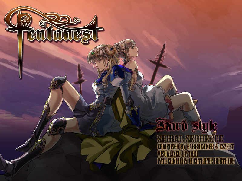 tari, djmax, djmax portable, light brown hair, 2girls, armor, back-to-back, blonde hair, boots, bun cover, cape, cloak, closed eyes, cloud, double bun, fantasy, greaves, hair bun, knee boots, looking up, multiple girls, night, ponytail, skirt, sky, sword, weapon, yuri