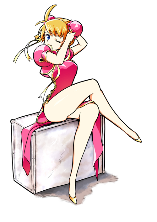 tari, djmax, djmax portable, 1girl, adjusting hair, ahoge, blonde hair, blue eyes, bun cover, china dress, chinese clothes, crossed legs, double bun, dress, female focus, hair bun, high heels, legs, mouth hold, one eye closed, shoes, simple background, sitting, solo, thighs, waitress, wink