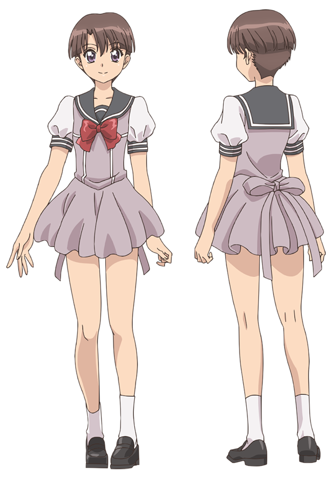 ishino satoshi, tokyo mew mew, tokyo mew mew new, official art, 2girls, anime coloring, back, black shoes, bow, brown hair, closed mouth, collarbone, curtained hair, from behind, full body, honjou miwa, loafers, looking at viewer, multiple girls, multiple views, puffy short sleeves, puffy sleeves, purple eyes, red bow, sailor collar, school uniform, serafuku, shoes, short hair, short sleeves, simple background, smile, socks, standing, transparent background, undercut, white socks