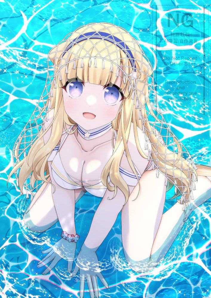 oyu (aoba 0054), fletcher (kancolle), fletcher (swimsuit) (kancolle), kantai collection, 1girl, bikini, blonde hair, blue eyes, blue hairband, breasts, cargo net, cleavage, day, double bun, hair bun, hair ornament, hairband, large breasts, long hair, looking at viewer, navel, net, outdoors, purple eyes, smile, solo, star (symbol), star hair ornament, swimsuit, water, watermark, white background, white bikini