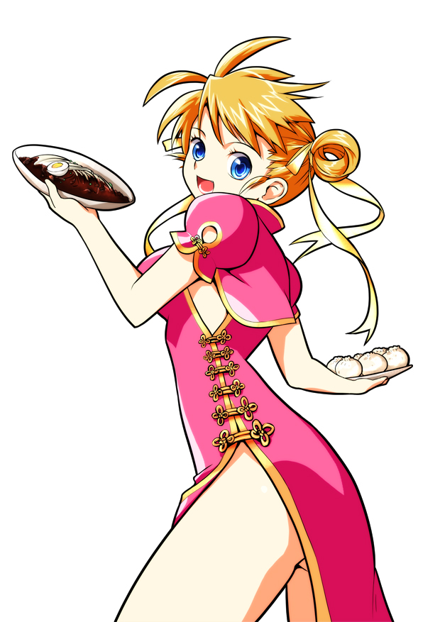 tari, djmax, djmax portable, 1girl, ahoge, blonde hair, blue eyes, china dress, chinese clothes, double bun, dress, egg, female focus, food, hair bun, looking back, noodles, open mouth, plate, ribbon, simple background, solo, steamed bun, teeth, thighs, waitress