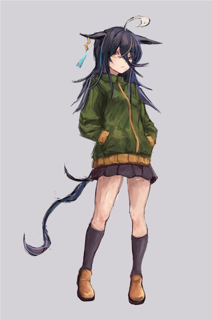 yanagi wakana, manhattan cafe (umamusume), umamusume, 1girl, ahoge, animal ears, black hair, black skirt, black socks, closed mouth, ear tag, earrings, green jacket, hair between eyes, hands in pockets, horse ears, horse girl, horse tail, jacket, jewelry, long bangs, long hair, long hair between eyes, long sleeves, looking at viewer, multicolored hair, pleated skirt, shoes, simple background, single earring, skirt, socks, solo, tail, white hair, yellow eyes