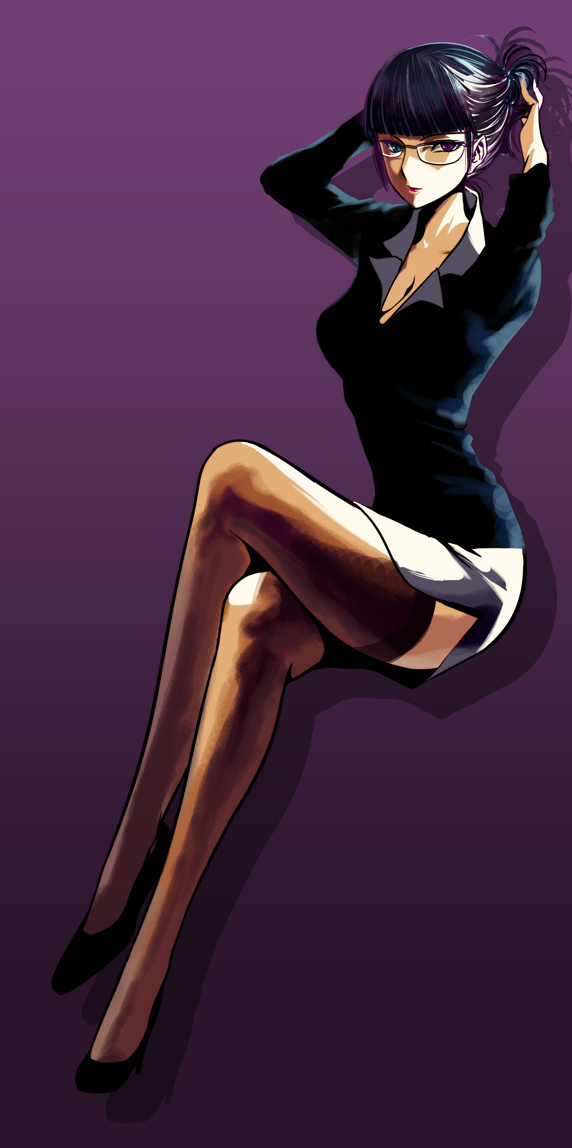 tari, katherine (djmax), djmax, djmax portable, 1girl, adjusting hair, arms up, breasts, brown thighhighs, cleavage, crossed legs, female focus, full body, glasses, heterochromia, high heels, legs, lips, lipstick, long legs, makeup, medium breasts, miniskirt, office lady, pencil skirt, pointy ears, ponytail, purple hair, shirt, shoes, side slit, simple background, sitting, skirt, solo, thighhighs, thighs
