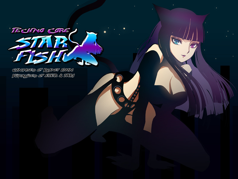 tari, djmax, djmax portable, 1girl, animal ears, blunt bangs, breasts, cat ears, cat tail, chaps, female focus, heterochromia, kneeling, large breasts, lips, lipstick, makeup, night, outdoors, silhouette, sky, solo, squatting, star (symbol), tail, text focus, thighhighs