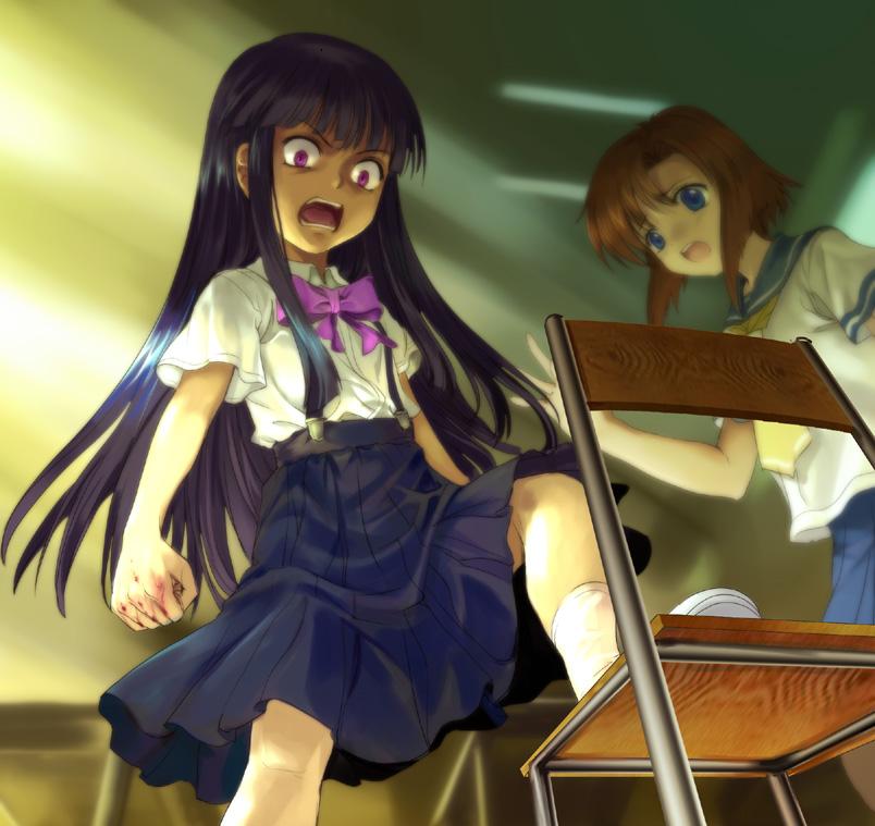 mutsuki (moonknives), ryukishi07, furude rika, ryuuguu rena, higurashi no naku koro ni, saikoroshi-hen, jpeg artifacts, 00s, 2girls, angry, blood, blue eyes, bow, brown hair, chair, classroom, crazy eyes, furious, indoors, long hair, multiple girls, open mouth, pink bow, purple eyes, purple hair, school, school uniform, serafuku, short hair, skirt