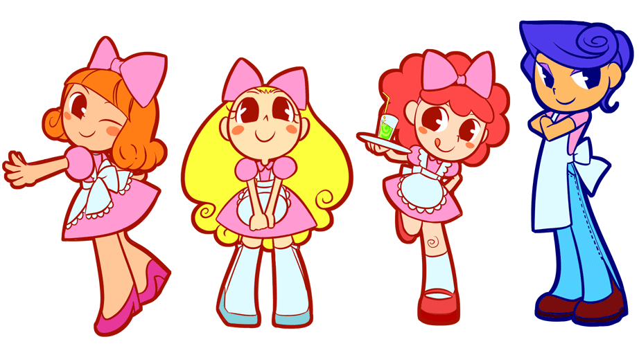 tari, djmax, djmax portable, 4girls, :p, apron, blonde hair, blue hair, blush stickers, boots, bow, brown eyes, chibi, crossed arms, curly hair, dark-skinned female, dark skin, denim, dress, drink, eyelashes, green tea, hair bow, high heels, jeans, looking up, mary janes, multiple girls, one eye closed, orange hair, pac-man eyes, pants, pink dress, pink skirt, red hair, ribbon, shoes, skirt, tea, thighhighs, tongue, tongue out, transparent background, tray, waitress, wink