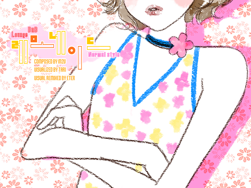 tari, djmax, djmax portable, 1girl, brown hair, choker, crossed arms, daisy (flower), female focus, flat chest, floral print, flower, korean text, lips, lipstick, makeup, short hair, solo