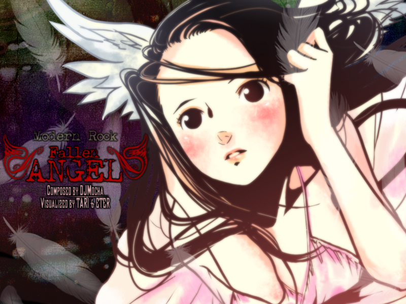 tari, djmax, djmax portable, 1girl, adjusting hair, angel, black hair, blush, breasts, cleavage, dress, feathers, female focus, large breasts, lips, long hair, pink dress, solo, strap, text focus, wind, wings