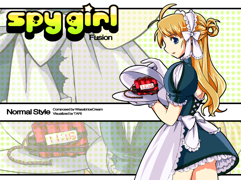 tari, djmax, djmax portable, 1girl, ahoge, apron, blonde hair, blue eyes, bow, dress, dynamite, explosive, female focus, frills, gathers, gloves, hair bun, maid, maid apron, maid headdress, petticoat, profile, single hair bun, solo, star (symbol), text focus, tray, waitress, zoom layer