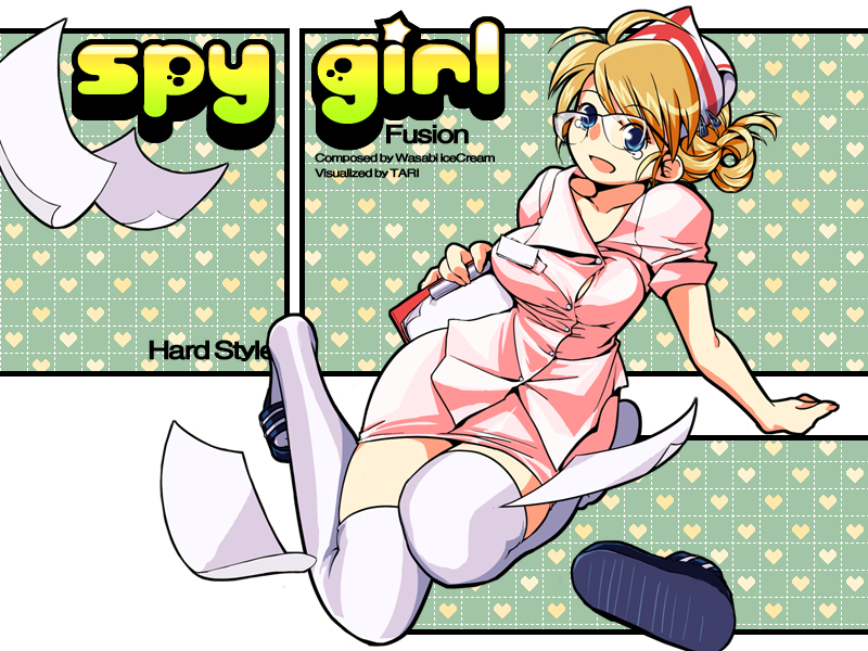 tari, djmax, djmax portable, 1girl, ahoge, blonde hair, blue eyes, breasts, clipboard, english text, female focus, glasses, hair bun, hat, heart, kneeling, large breasts, name tag, nurse, nurse cap, open mouth, paper, sandals, shoes, single hair bun, single shoe, solo, tears, text focus, thighhighs, white thighhighs