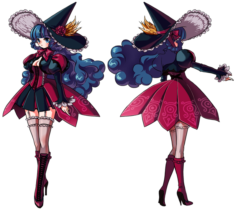 tari, blue eyes, blue hair, boots, breasts, corset, flower, hat, high heel boots, high heels, suspenders, thighhighs, witch, witch hat
