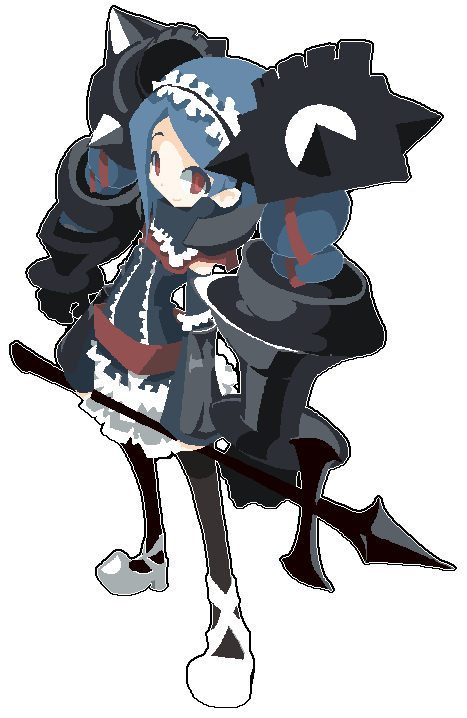 kaku sugar, original, pixiv fantasia, pixiv fantasia 1, bad id, bad pixiv id, 1girl, armor, blue hair, drill hair, female focus, headdress, lance, pantyhose, pixel art, polearm, red eyes, solo, thighhighs, twintails, weapon
