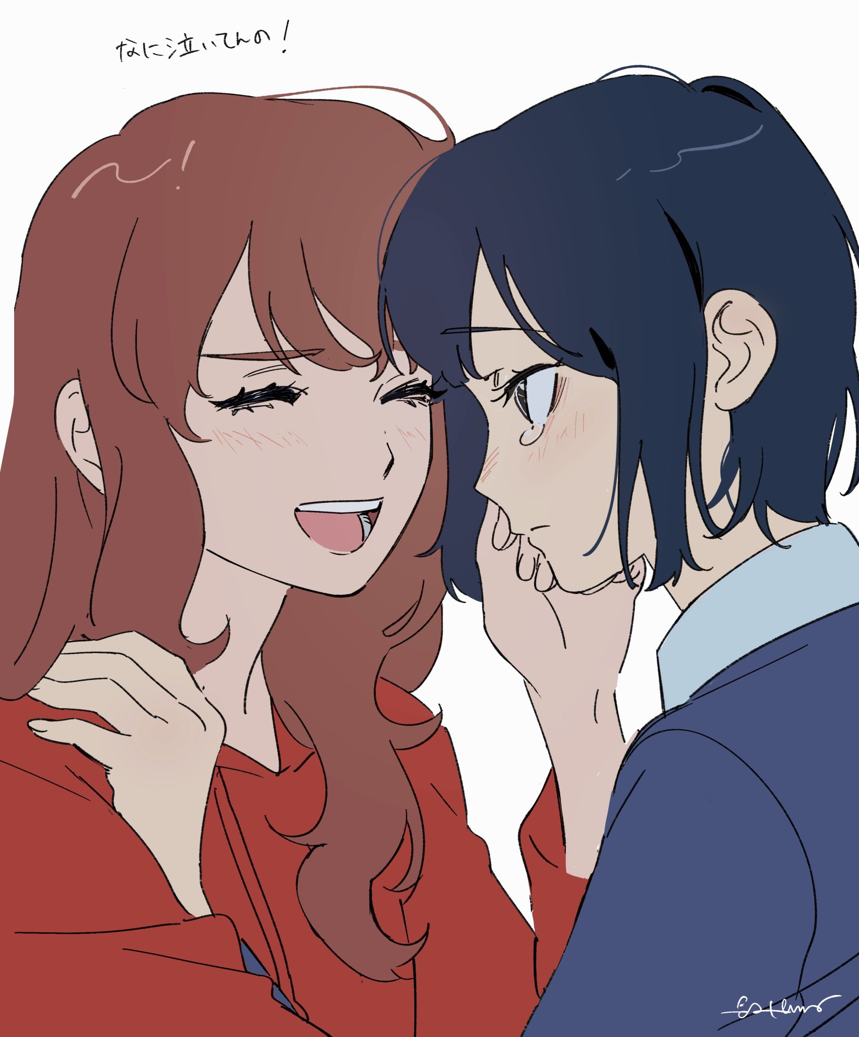 roru (lol dessin), original, commentary, highres, translation request, 2girls, blue hair, brown hair, closed eyes, hood, hoodie, long hair, multiple girls, open mouth, red hoodie, short hair, signature