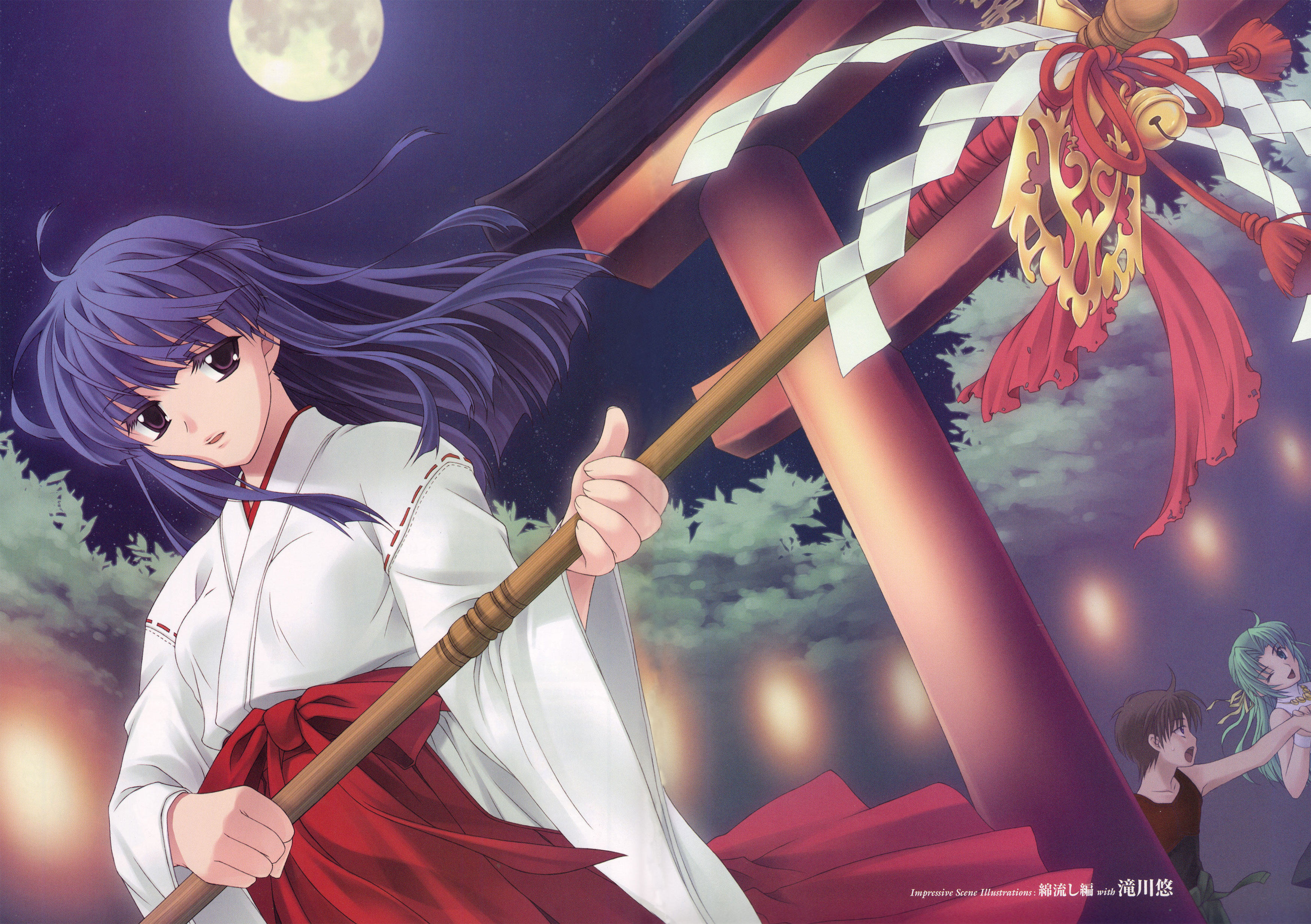 torishimo, furude rika, maebara keiichi, sonozaki shion, higurashi no naku koro ni, absurdres, highres, scan, 00s, 1boy, 2girls, dutch angle, full moon, gohei, hakama, hakama skirt, hoe, japanese clothes, miko, moon, multiple girls, oonusa, red hakama, skirt, torii, worktool