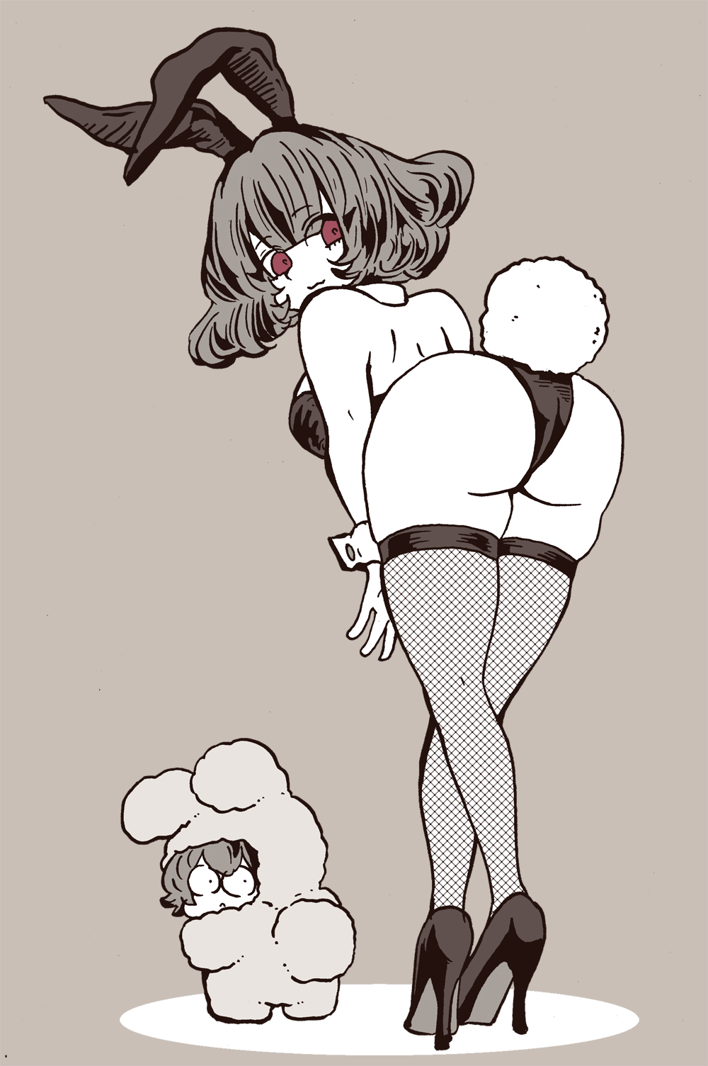 nanasemomoka, original, highres, 1boy, 1girl, animal ear hairband, animal ears, ass, ass focus, back, bare shoulders, bent over, black hair, black leotard, bow, bowtie, breasts, chibi, cleavage, detached collar, fake animal ears, fake tail, fishnet pantyhose, fishnets, from behind, hairband, high heels, highleg, highleg leotard, large breasts, leotard, long hair, looking at viewer, looking back, pantyhose, playboy bunny, rabbit ear hairband, rabbit ears, rabbit tail, red eyes, short hair, simple background, smile, strapless, strapless leotard, tail, thighhighs, thighs, traditional bowtie, white background, white wrist cuffs, wrist cuffs
